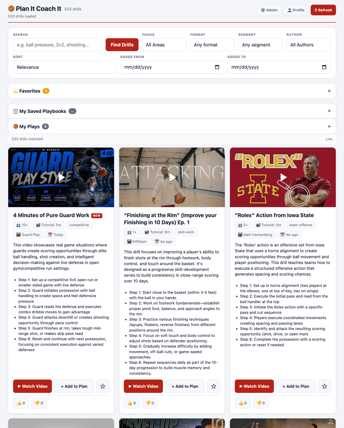 Basketball drill library with search results and filters