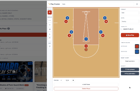 Basketball play creator with court, tokens, and animation controls