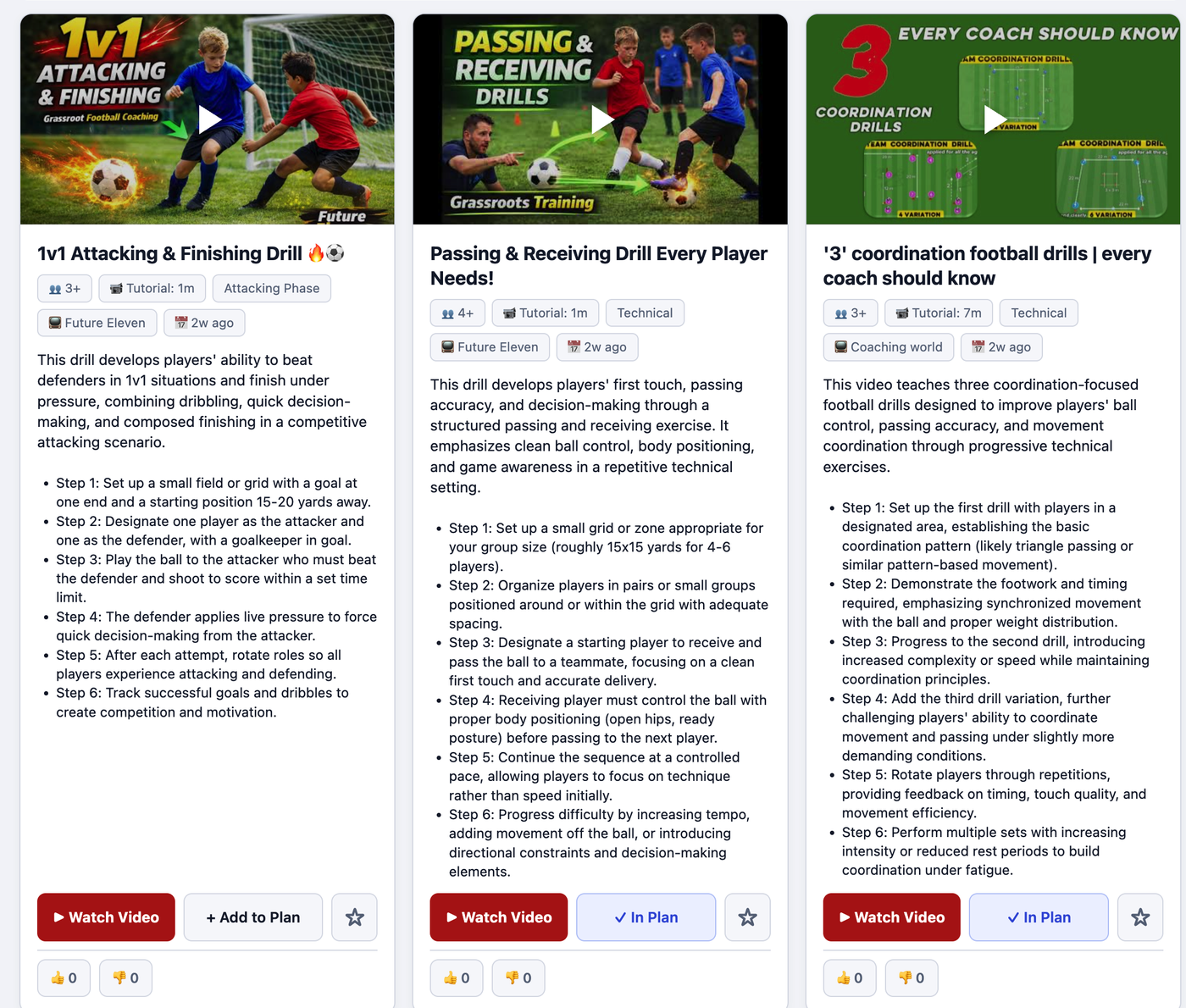 Soccer drill library with search results and filters
