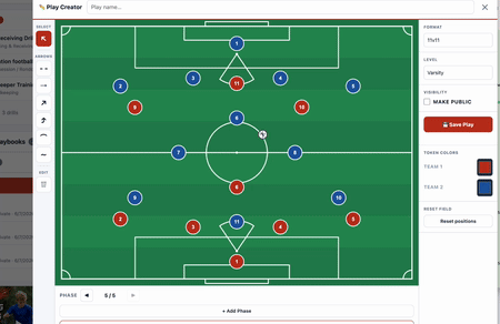 Soccer playmaker board with player tokens and animated movement arrows
